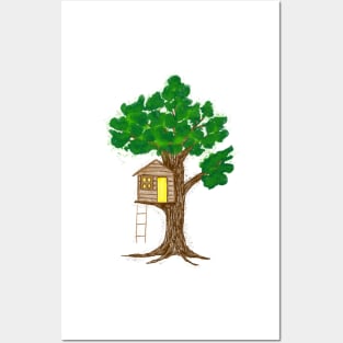 Watercolor and crayon style drawn treehouse Posters and Art